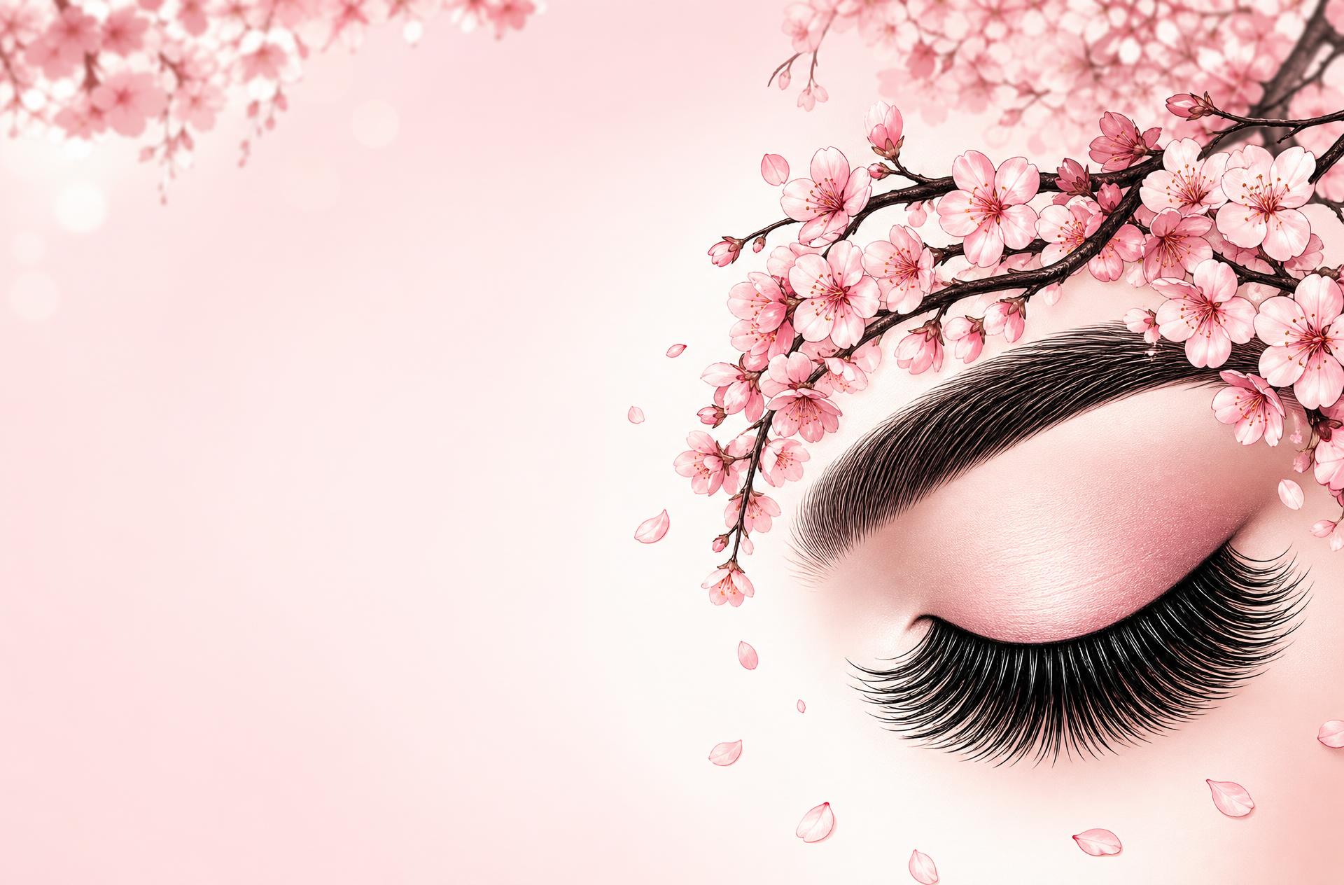 Closed eye with long lash extensions framed by an arch of pink cherry blossoms